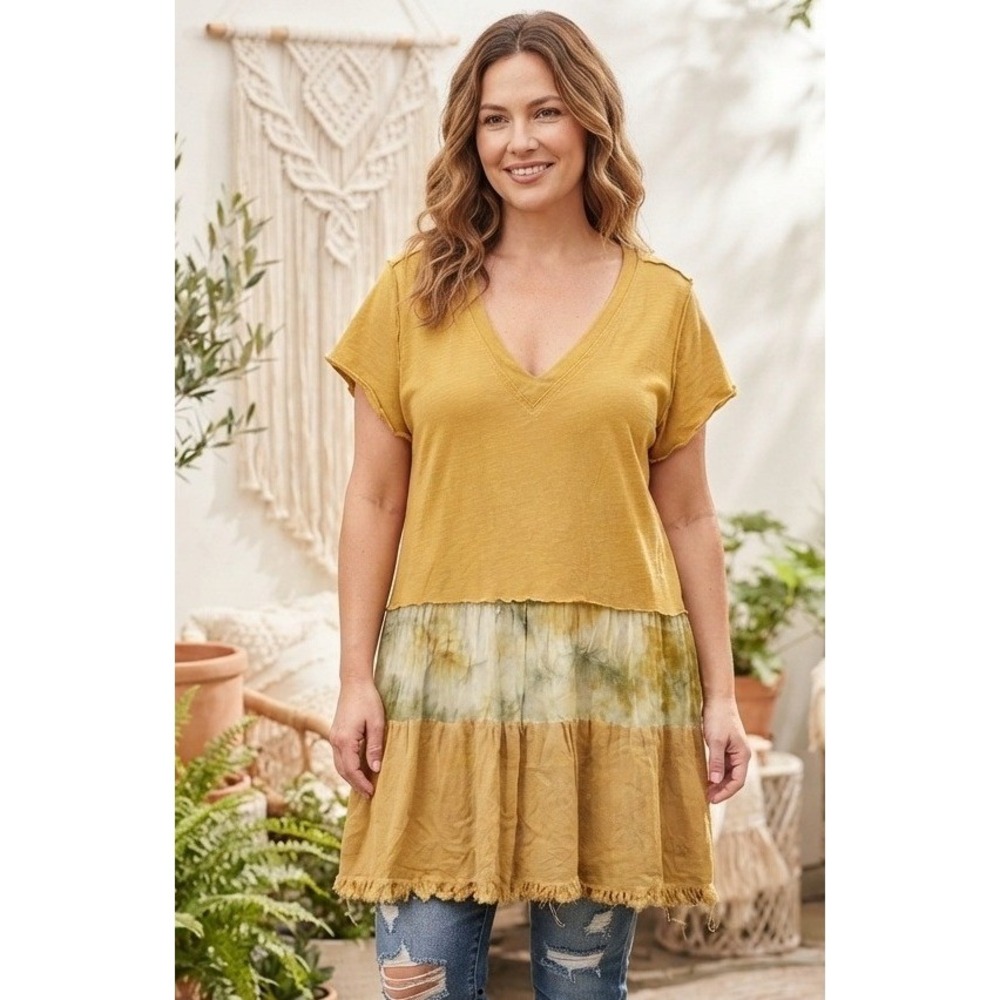 Umgee + USA V-Neck Tiered Dress Mustard Yellow Boho Fringe Hem Size 2XL Cotton